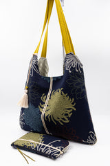 sac Kumi avec pochette - "blue kiku" - tissu japonais