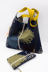 sac Kumi avec pochette - "blue kiku" - tissu japonais