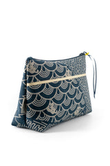 Trousse à maquillage S,M + Pinceau - indigo multi motifs traditionnel - Tissu japonais