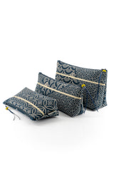 Trousse à maquillage S,M + Pinceau - indigo multi motifs traditionnel - Tissu japonais
