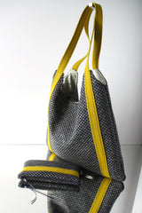 Sac "Kumi" avec pochette - motif "kanoko shibori" noir/ anses moutarde